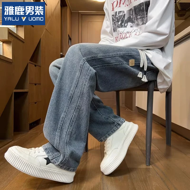 雅鹿男装青少年牛仔裤男秋季新款阔腿高中初中学生潮流松紧腰长裤