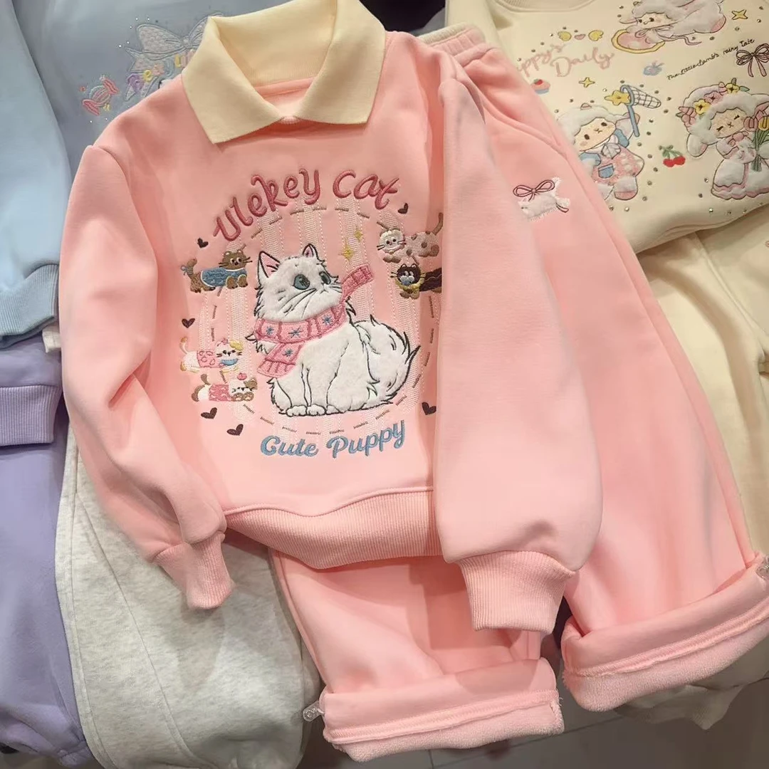 幸运猫咪 刺绣加绒套装 秋冬女童潮流刺绣加绒爆款卫衣套童装