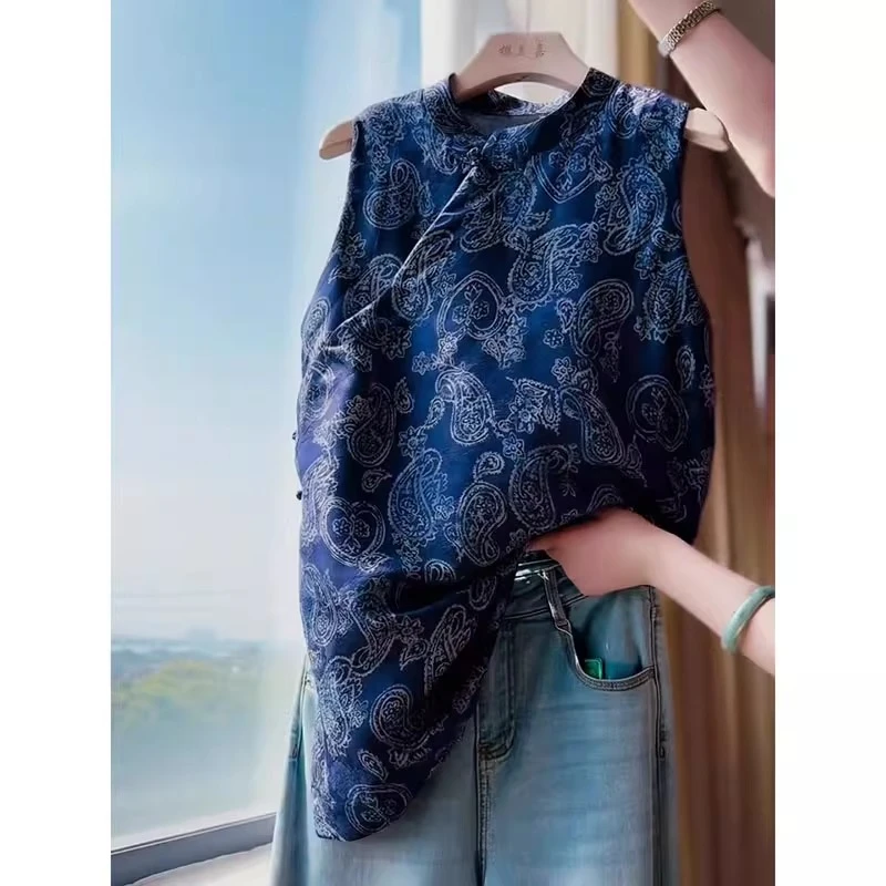 新中式国风腰果花改良旗袍无袖衬衫女夏季洋气复古老钱风上衣