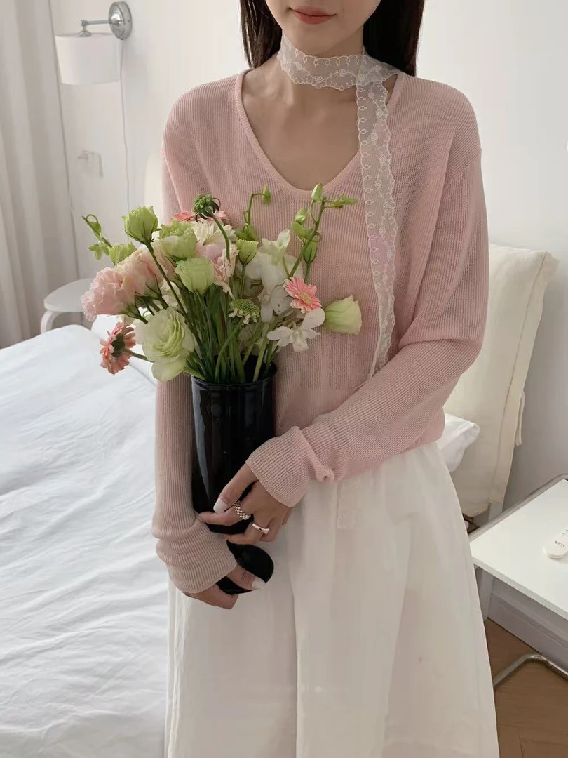 52114 纯色V领蕾丝挂脖针织衫