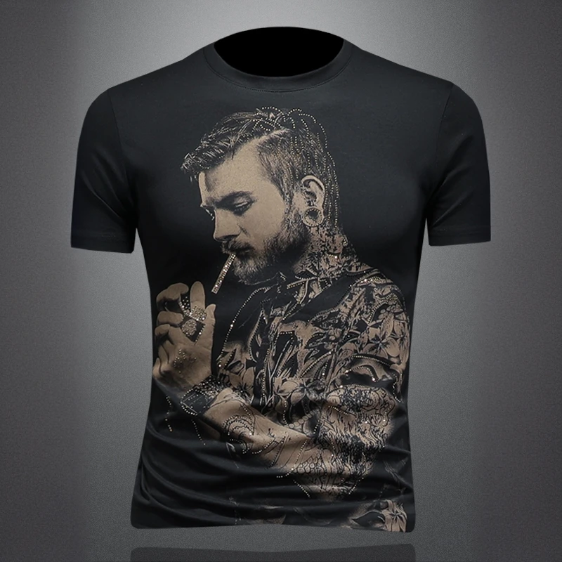 巴韦那奇烫钻短袖t恤男装夏季新款修身韩版帅气时尚印花透气半袖