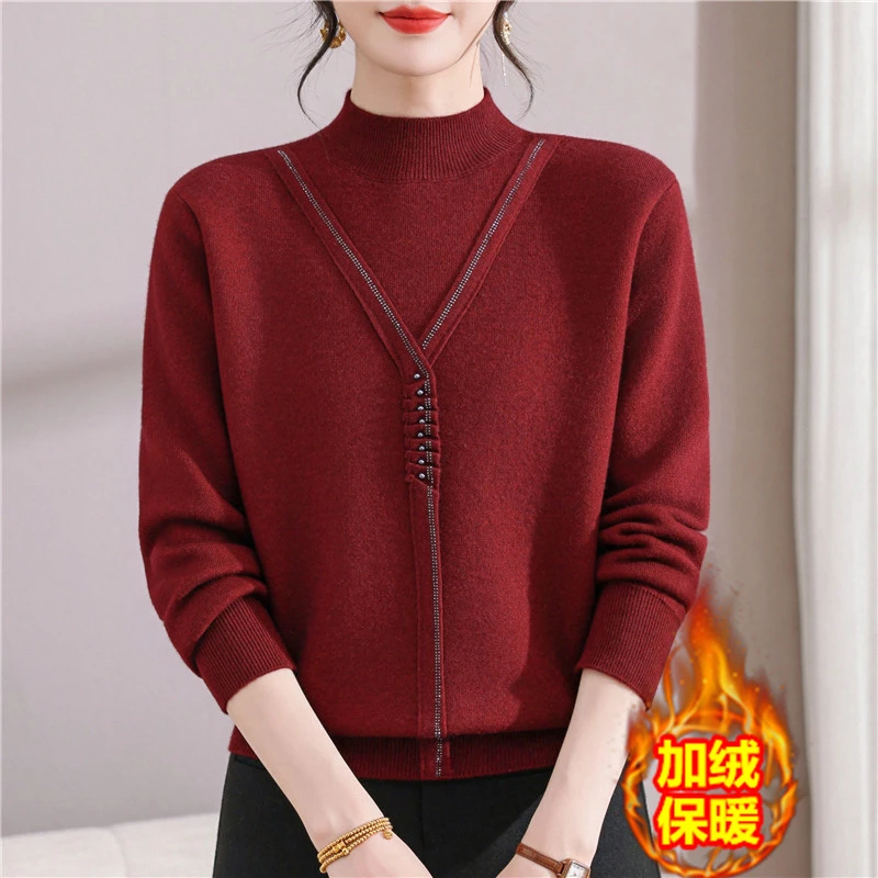 妈妈秋冬装毛衣洋气一体绒针织打底衫中老年人女加绒加厚保暖上衣