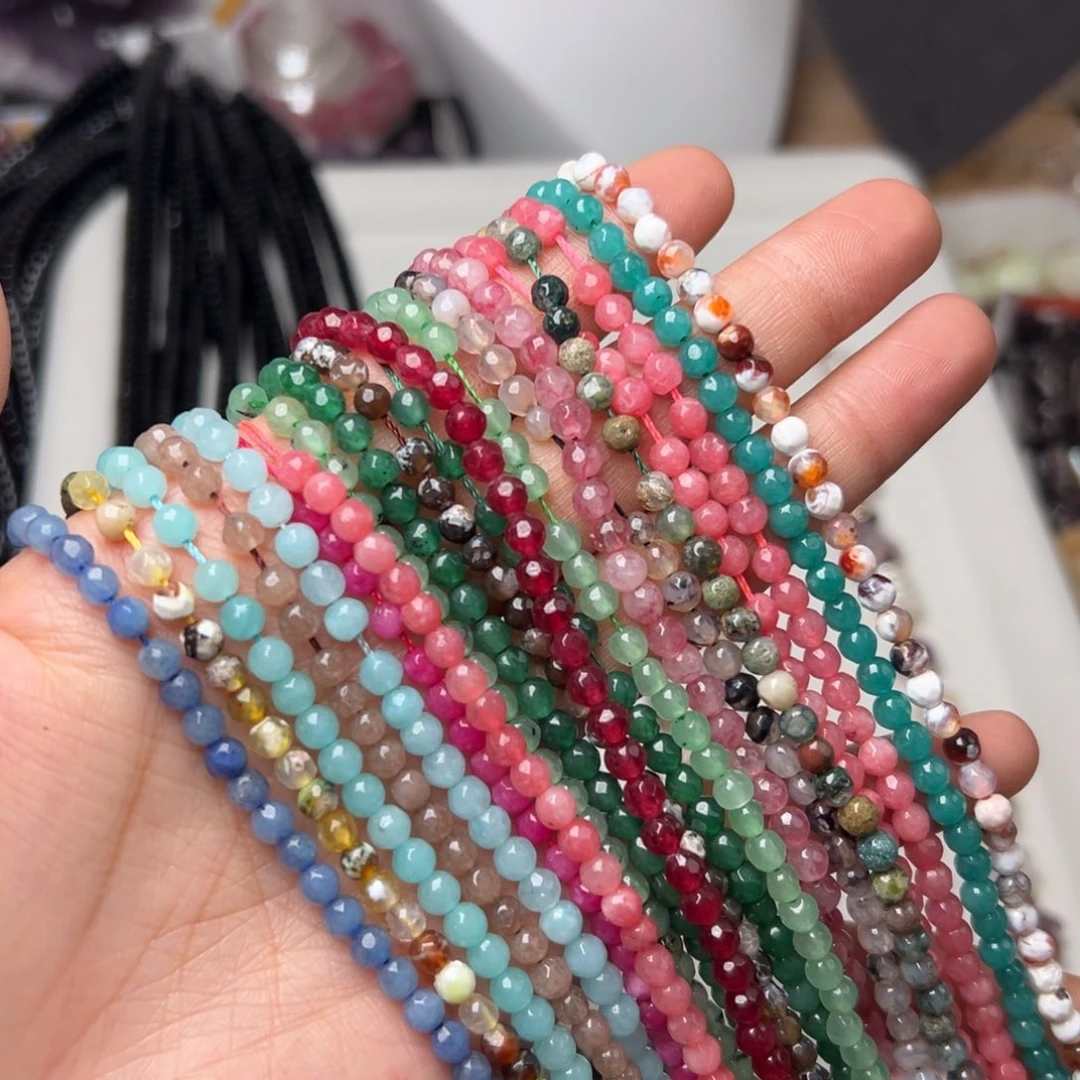 玛瑙/玉髓合金珠宝半成品N597 打包20条4mm刻面圆珠