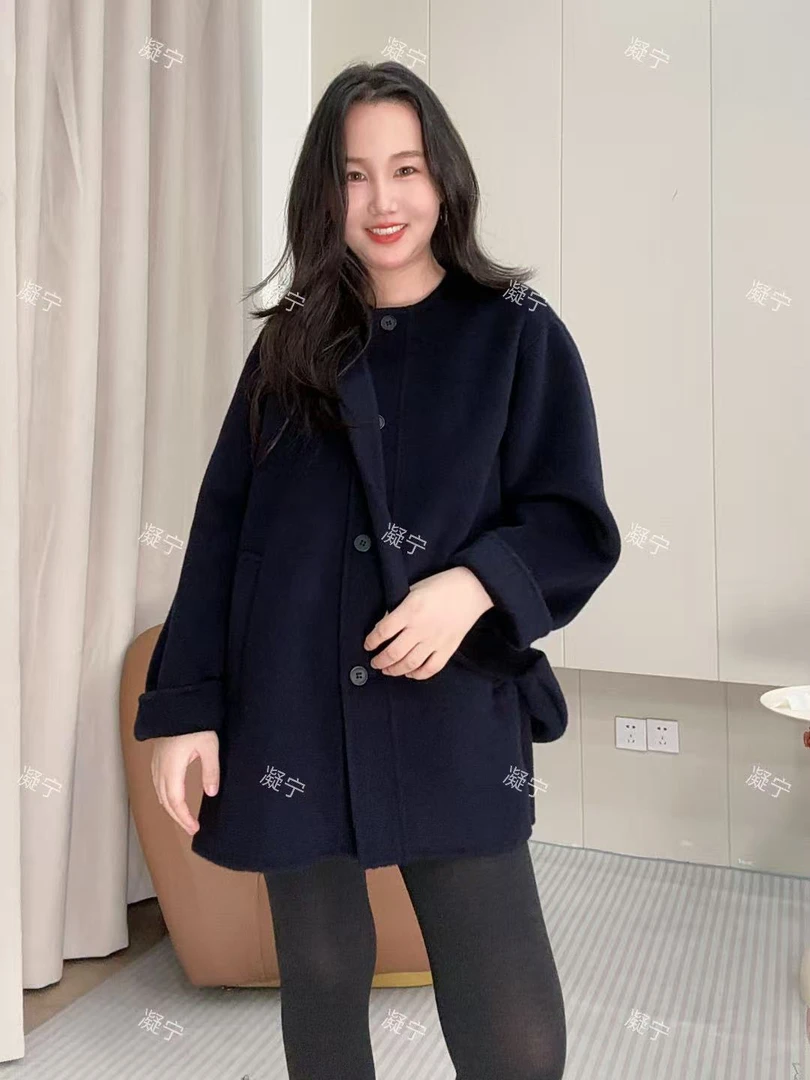 秋冬羊毛羊绒短款大衣时尚宽松藏青色气质双面呢毛呢中长款外套