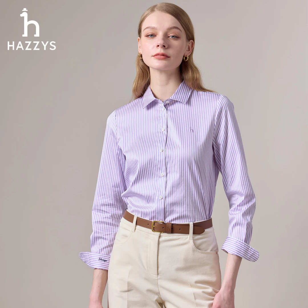 【商场同款】HAZZYS哈吉斯秋季女士休闲条纹衬衣通勤气质长袖衬衫