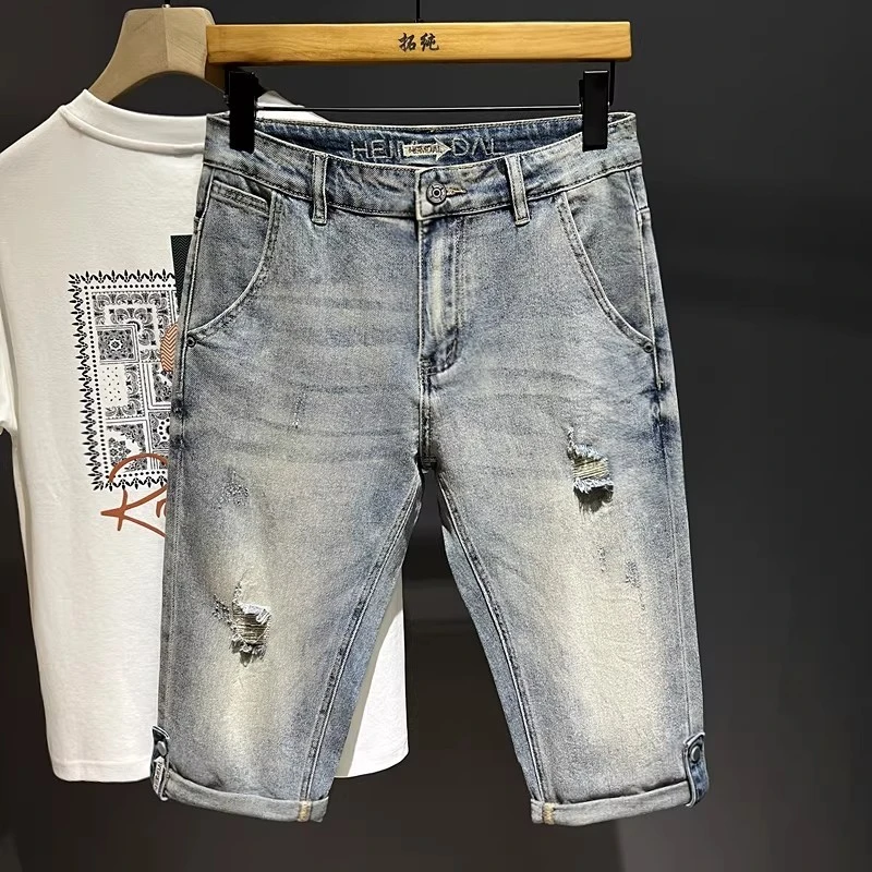 夏季水洗破洞牛仔裤男士宽松直筒美式裤子男款潮流百搭韩版七分裤
