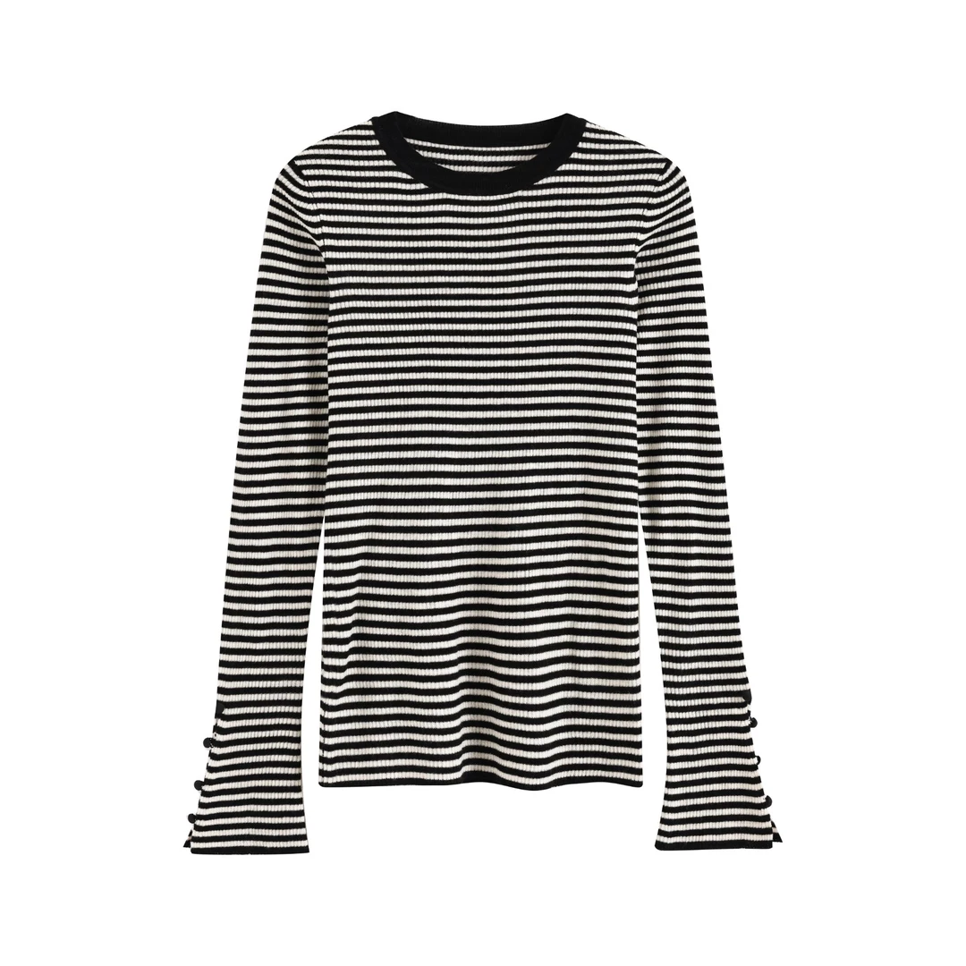 31348 简约修身条纹针织衫百搭打底衫女1432