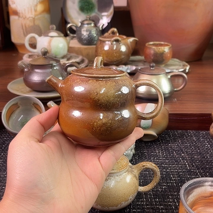 柴烧中白泥葫芦壶