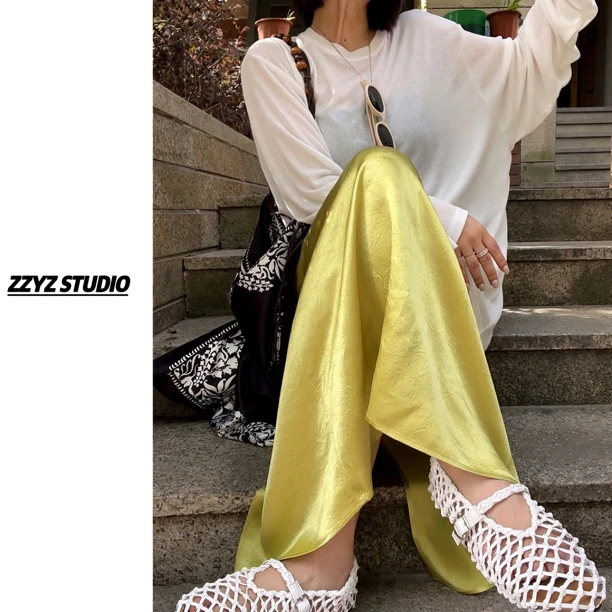 【ZZYZ】“琉金雅韵”明媚粼粼光泽松紧腰百搭纯色薄款醋酸半身裙