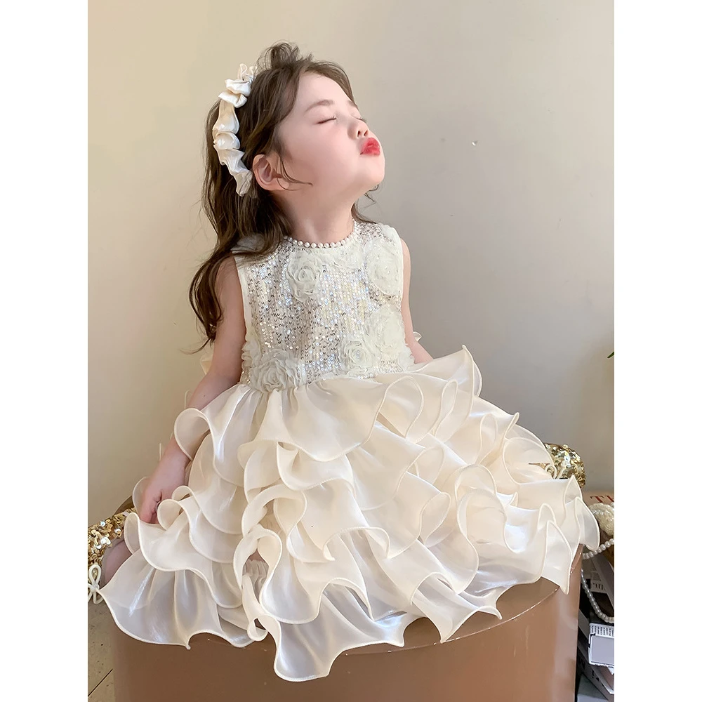 女童2025年夏款新款亮片蝴蝶结礼服裙表演公主生日连衣裙网红童装