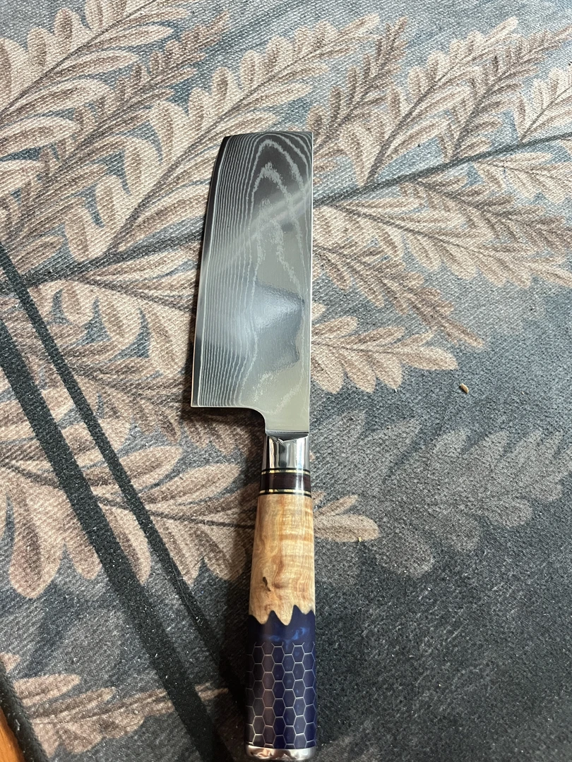 大马士革钢刀蓝色蜂窝圆手柄手工两件套女士家用中式两用烹饪厨师