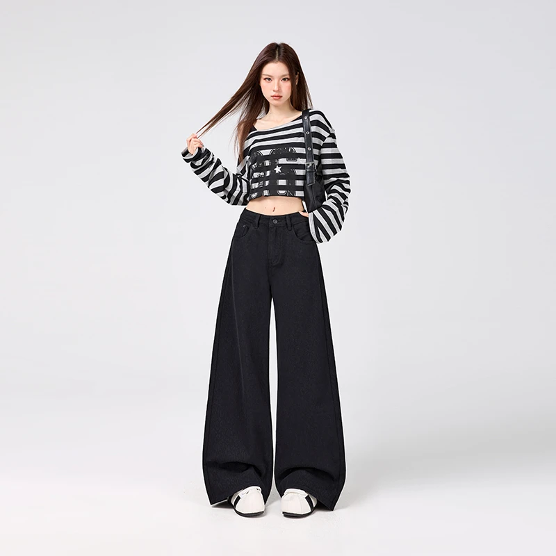 美式春夏新款黑豹纹印花宽松牛仔裤女宽松显瘦设计感拖地阔腿裤