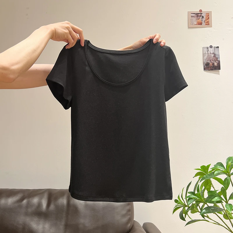 垂顺冰感大领口短袖夏季天丝高级感修身小众基础款上衣正肩T恤女