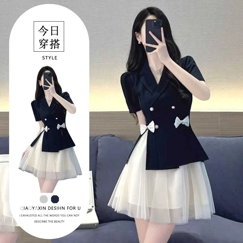 2025年夏季新款修身短袖优雅西装上衣高腰时髦蓬蓬裙两件套套装女