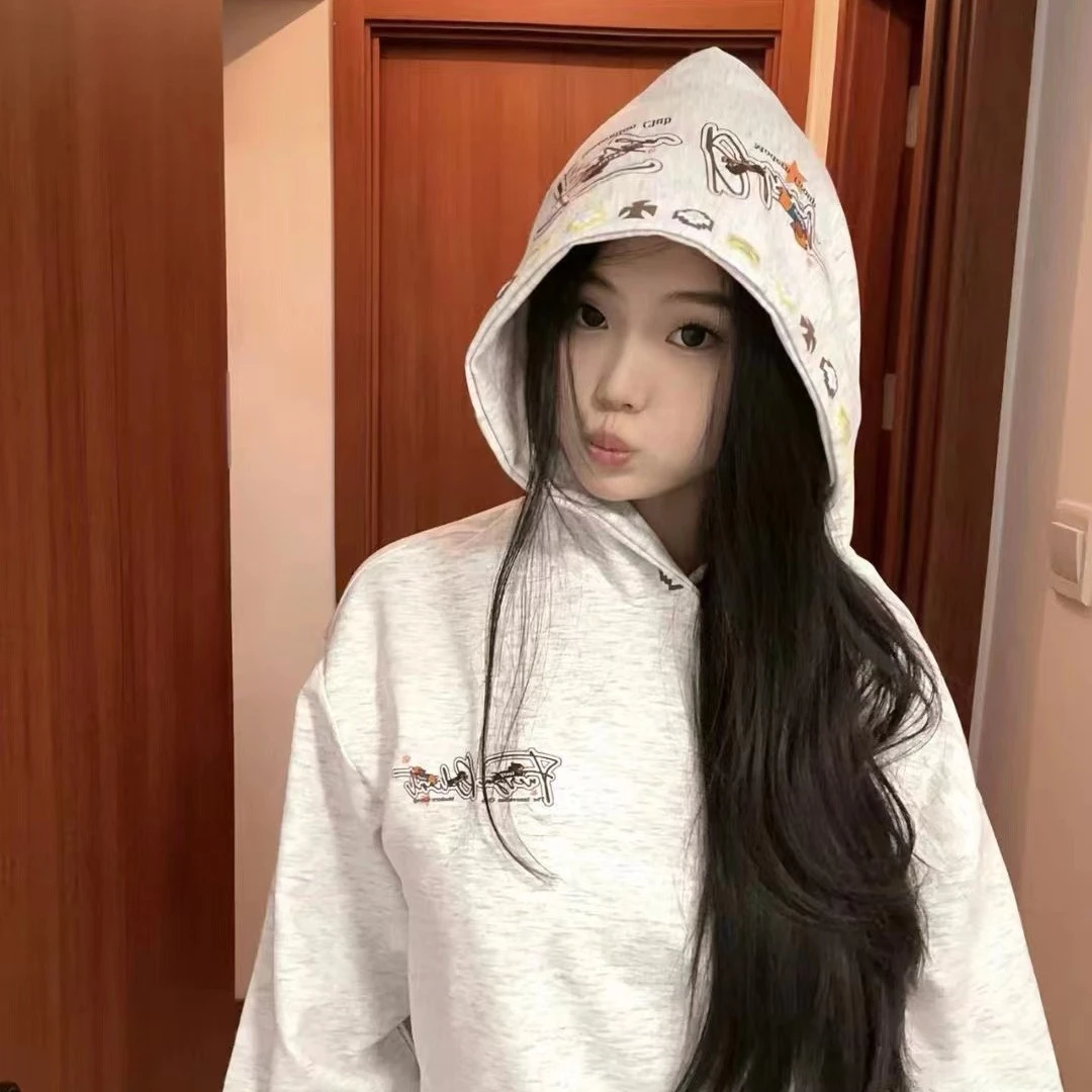 印花潮流四季通用休闲薄款连帽长袖情侣带帽ins白色卫衣百搭上衣