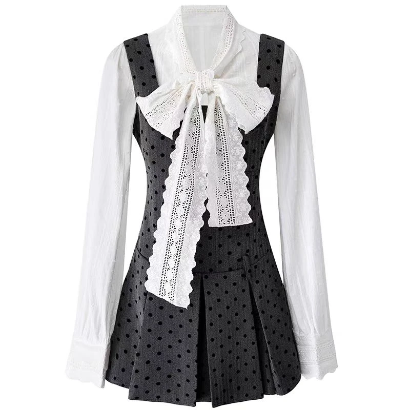花边领结绑带长袖衬衫/法式复古波点百褶吊带连衣裙  LSS55001