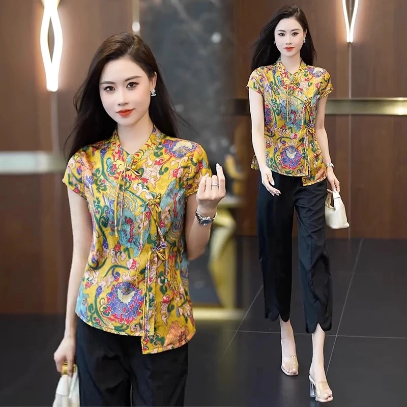 新中式国风套装女2025夏季新款时尚洋气盘扣衬衫阔腿裤显瘦两件套