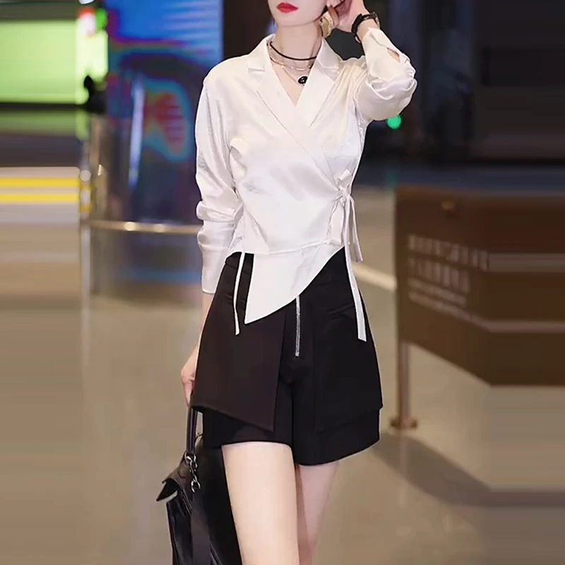 夏季新款防晒上衣女绑带设计收腰显瘦高级感衬衫洋气衬衣纯色上衣