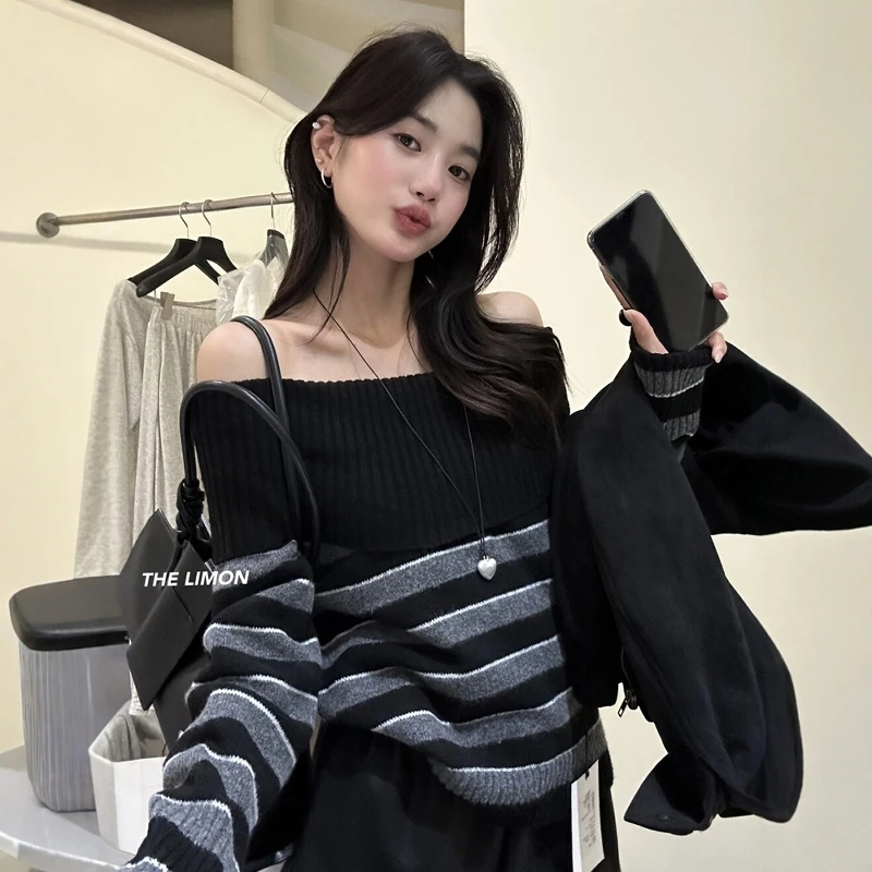 秋冬季女装撞色条纹洋气炸街毛衣宽松慵懒风露肩一字领针织衫上衣