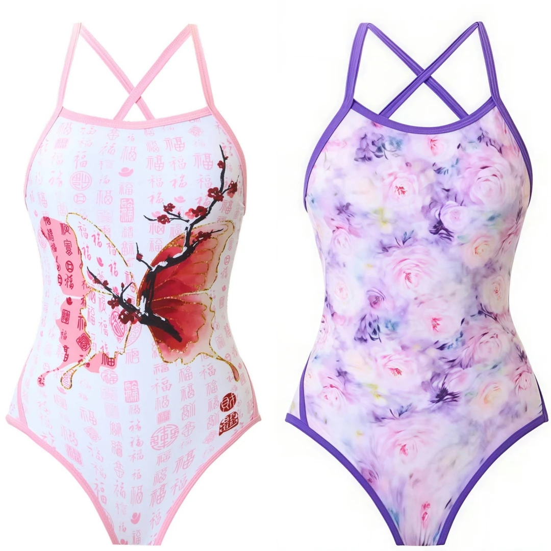 特价新款女士竞速游泳交叉美背低开叉大包臀连体三角泳衣