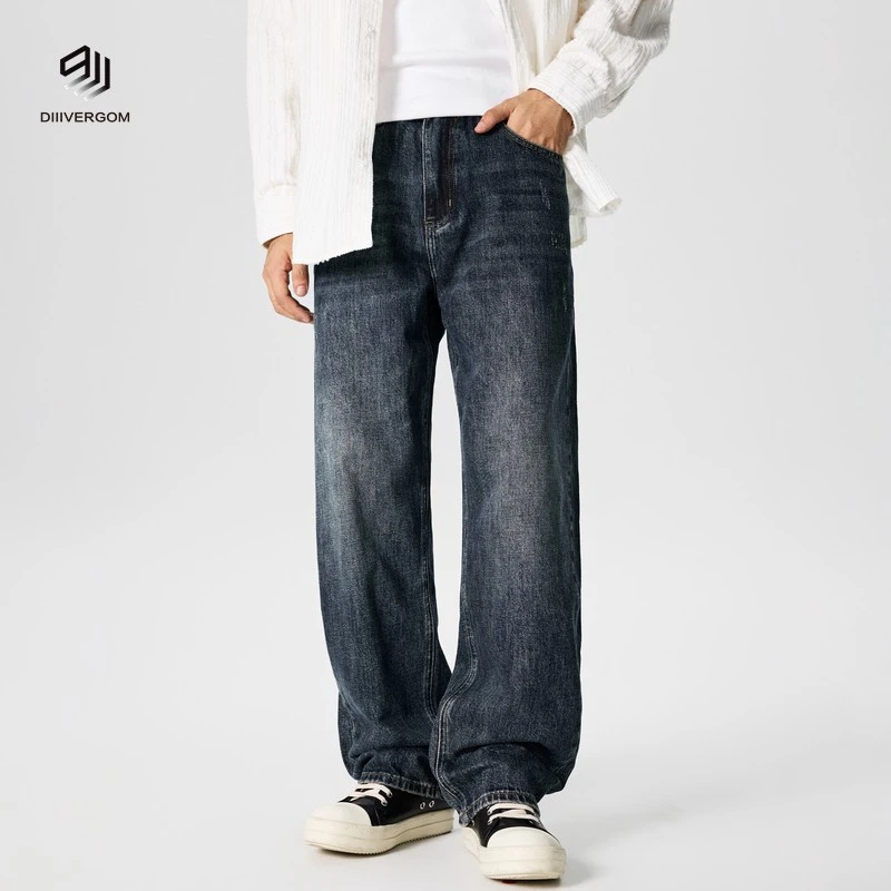 DIIIVERGOM日系复古一字猫须刮烂休闲长裤极简日常百搭款直筒牛仔