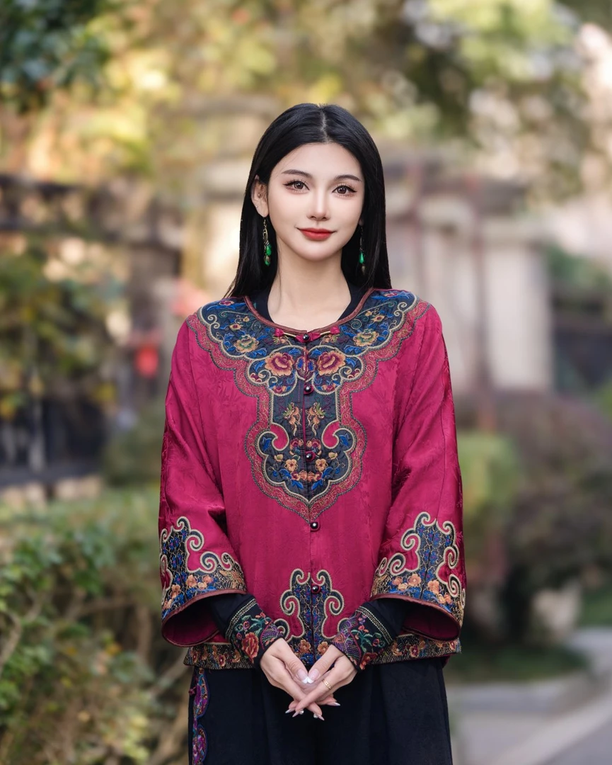民族风春款缎面云肩领刺绣上衣86139
