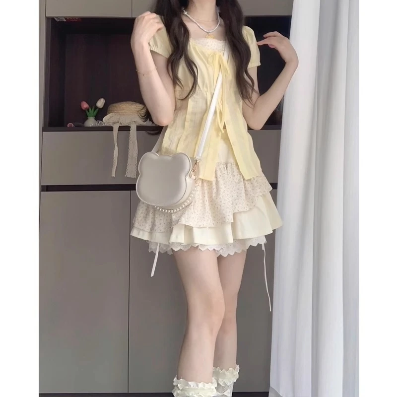 温柔甜妹奶乖穿搭套装裙女夏假两件收腰衬衫碎花百褶短裙子两件套