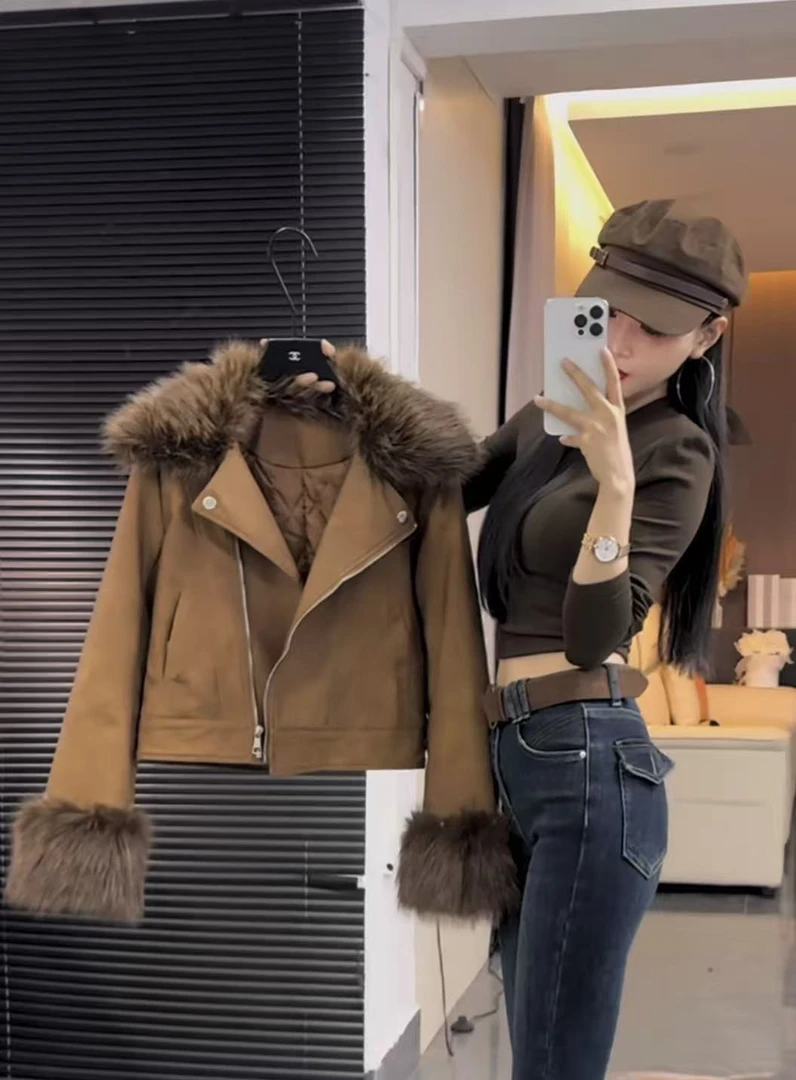 短款翻领加棉毛毛外套复古老钱风冬季新款8964