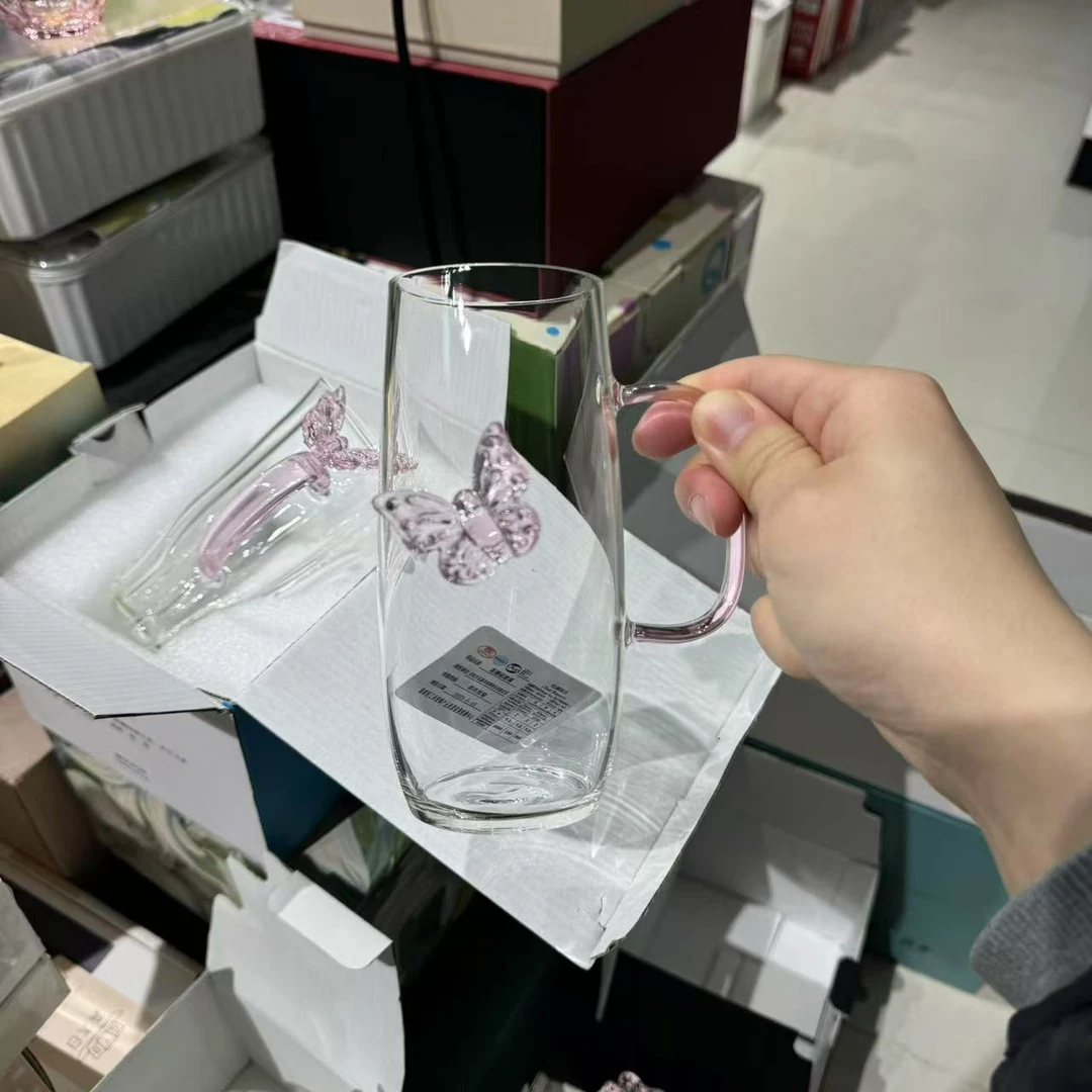 X590杯子 粉色蝴蝶家用女士杯绿茶杯