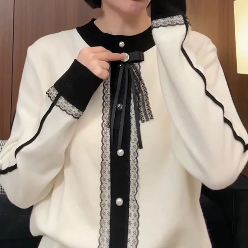 毛针织衫女蝴蝶蝴蝶结时尚秋冬气质女装打底长袖衬衫开衫撞色