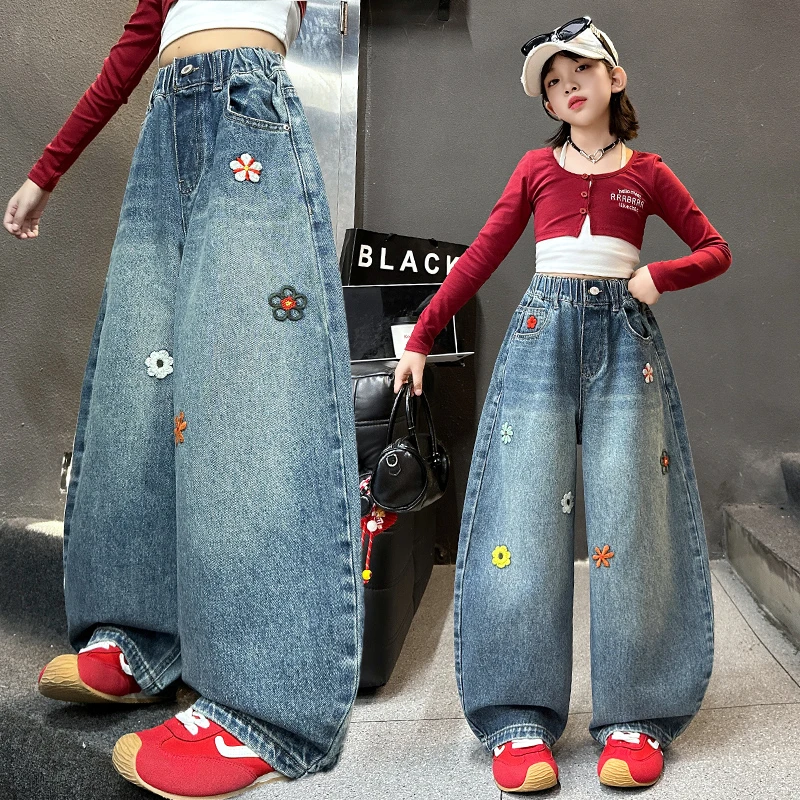 女童秋季宽松百搭刺绣牛仔裤2025春秋潮酷休闲裤5-16岁裤子儿童裤