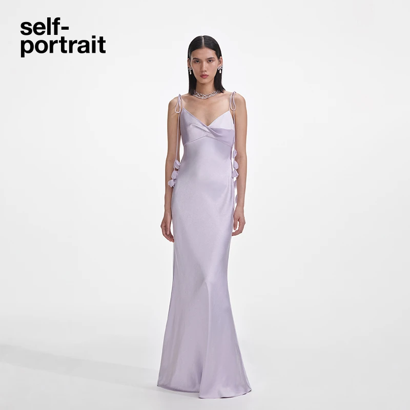 self-portrait 2025春夏新款丁香紫优雅缎面花朵吊带礼服连衣裙