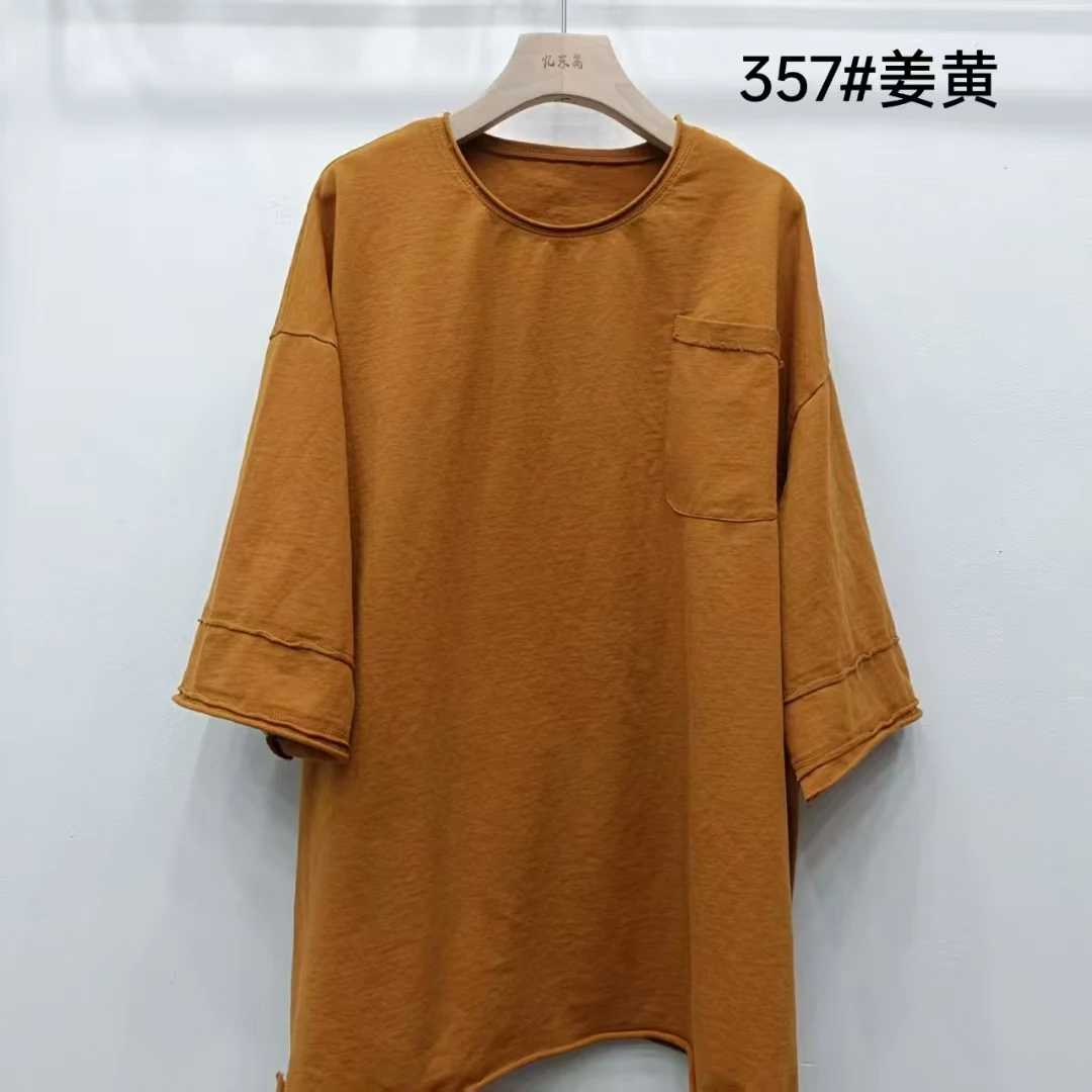 357宽松做旧圆领高开叉中长款T恤七分袖休闲上衣
