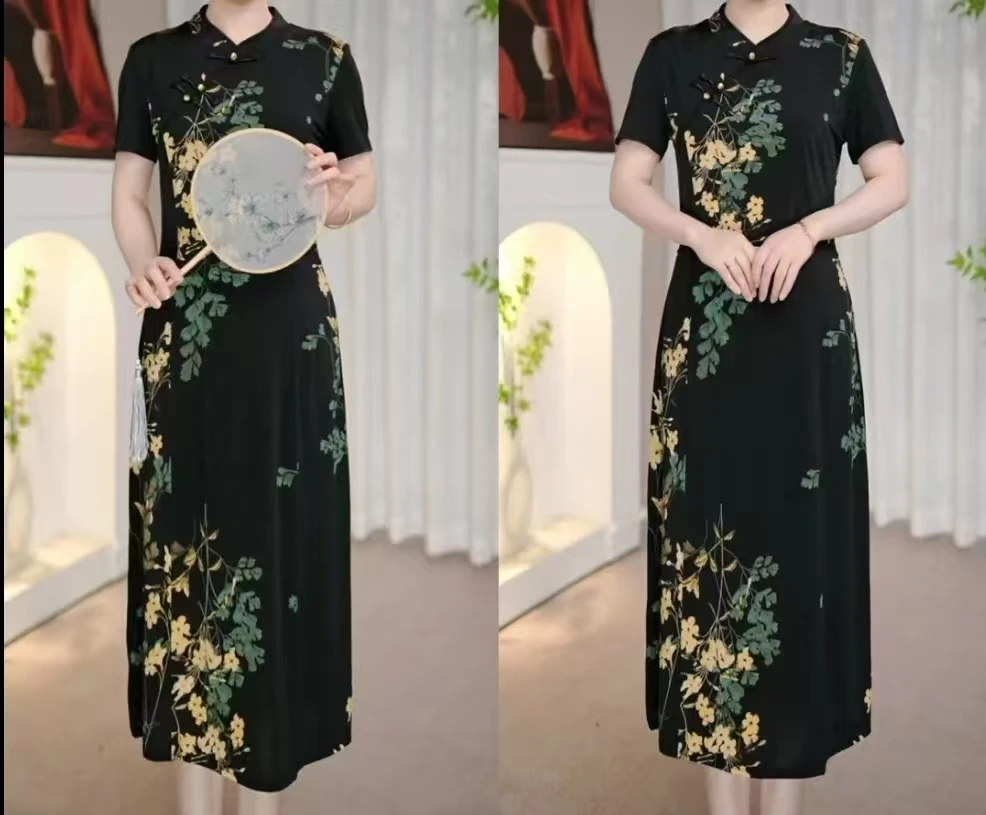 夏季新款女新中式旗袍连衣裙中老年女士妈妈装洋气高档旗袍裙子