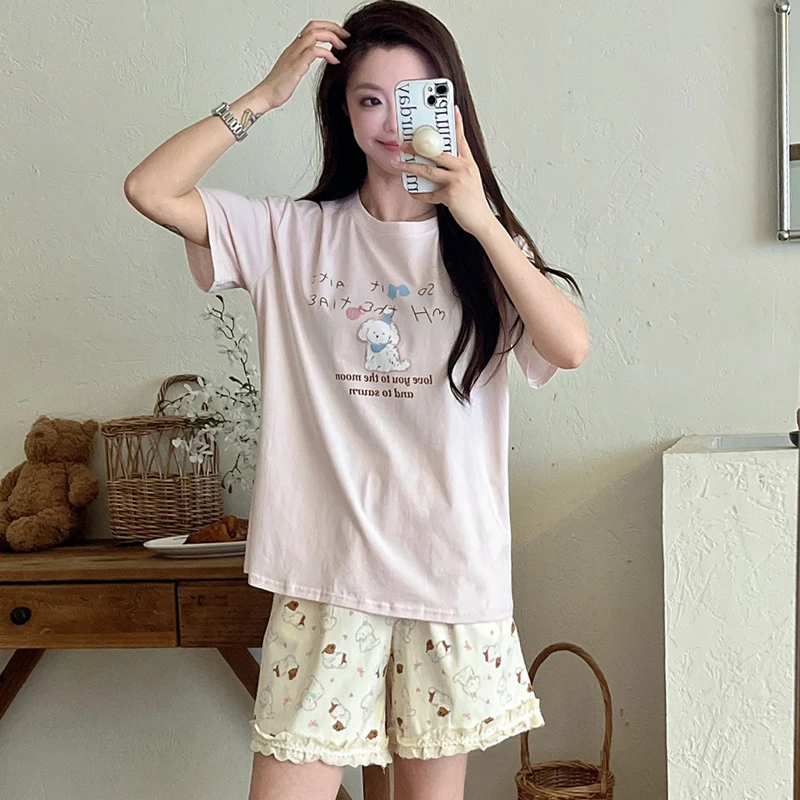 睡衣女夏季纯棉短袖短裤薄款甜美蕾丝花边可爱少女卡通家居服套装