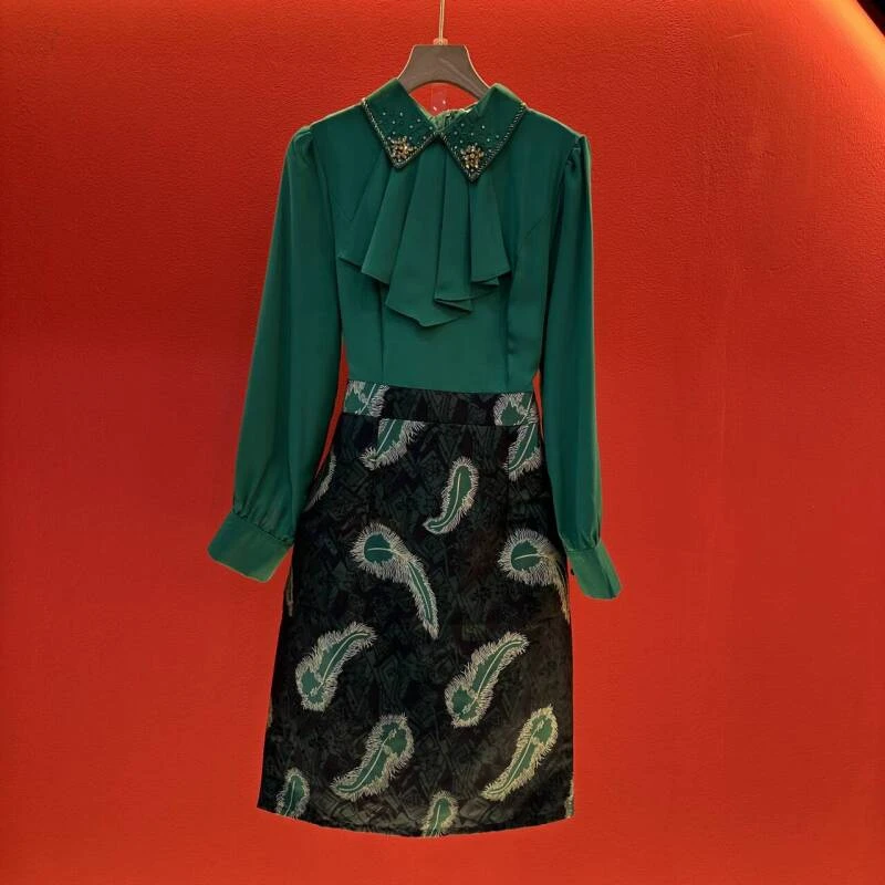 法式气质假两件连衣裙别致领带印花拼接衬衫优雅职业裙秋S6131