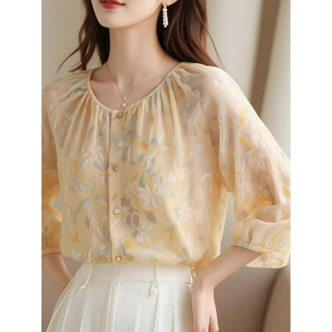 今年流行爆款独特漂亮小衫超好看碎花雪纺短袖衬衫女春季2025新款