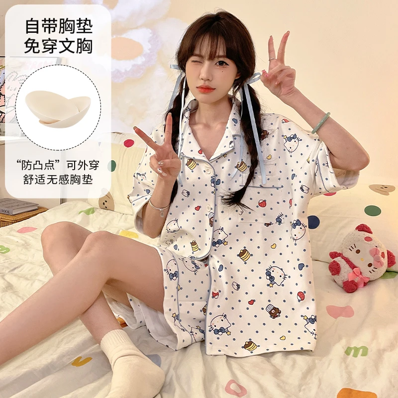自带胸垫一体睡衣女夏季2025新款开衫短袖短裤夏天卡通家居服外穿