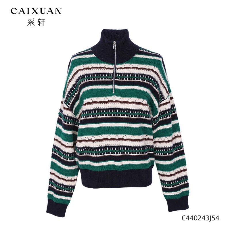 C440243j54CAIXUAN采轩立领半拉链绵羊毛条纹撞色针织套头衫