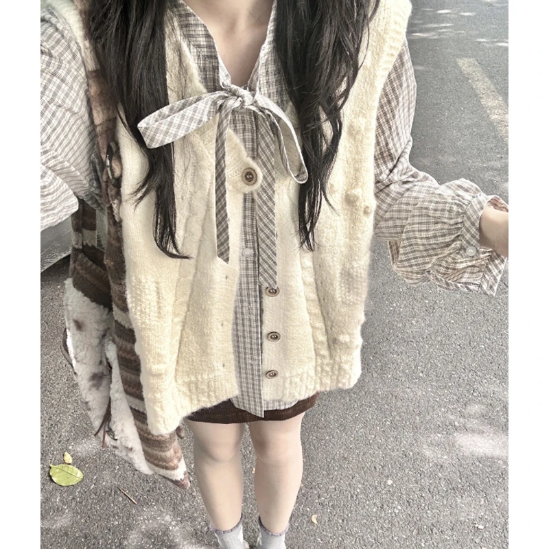 巨好看的韩系早秋ootd穿搭一整套学院风针织毛衣马甲衬衫两件套装