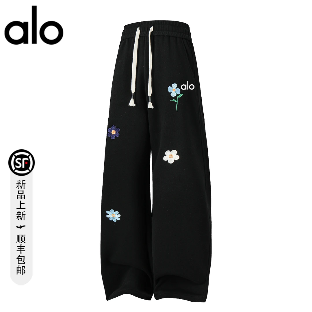 【官方奥特莱斯】alo潮牌 秋季时尚小花刺绣休闲裤美式宽松情侣长裤