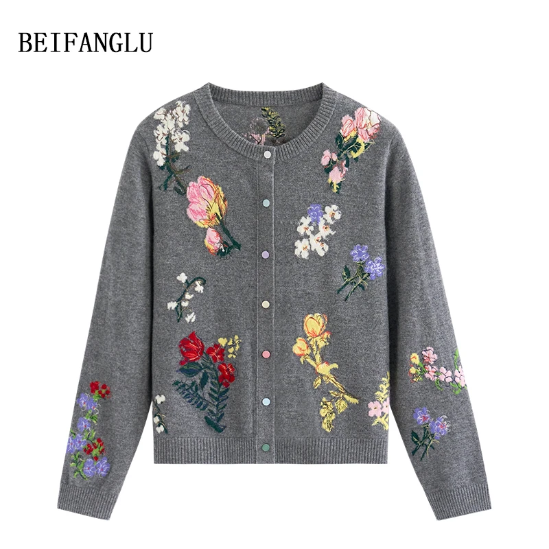 北方鹿【莫奈花园】重工刺绣花朵100绵羊毛气质针织开衫外套女2956