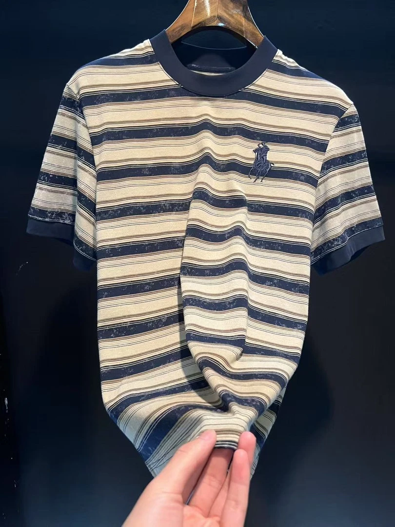 t恤短袖男横条痞帅轻奢高级感法式休闲上衣百搭圆领慵懒风半袖