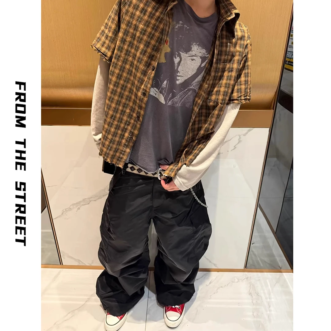 FROM THE STREET来自街头美式街头格纹假两件衬衫衬衣男宽松上衣