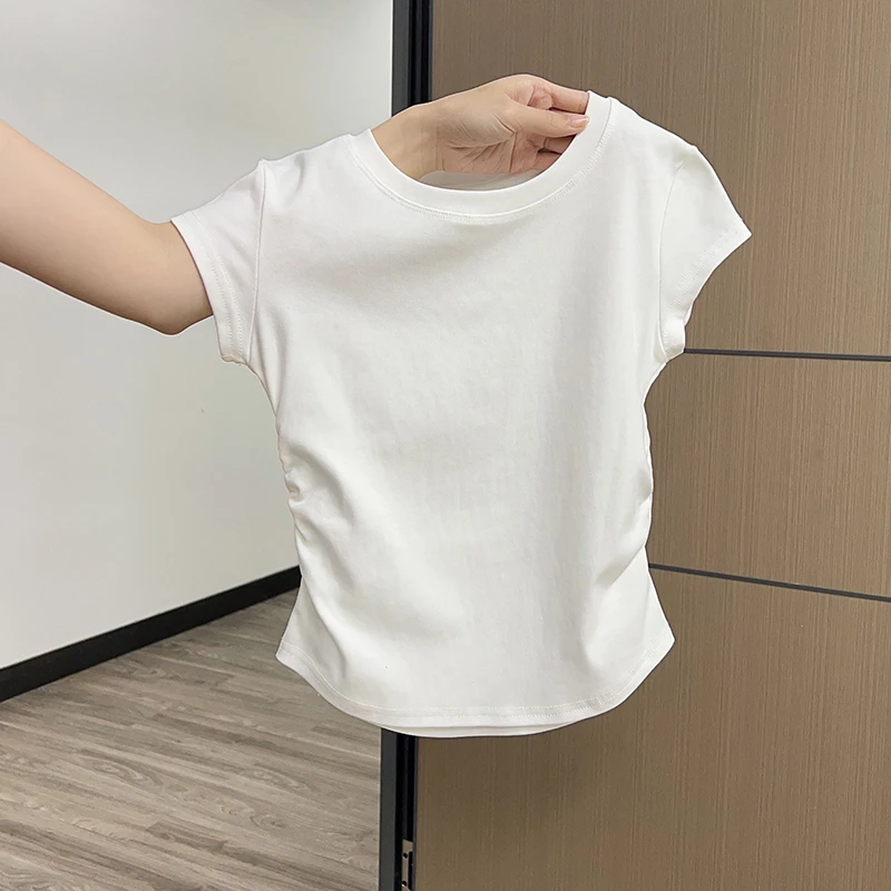 2025夏季不规则正肩纯棉短袖t恤女夏季设计感小众褶皱短款上衣ins