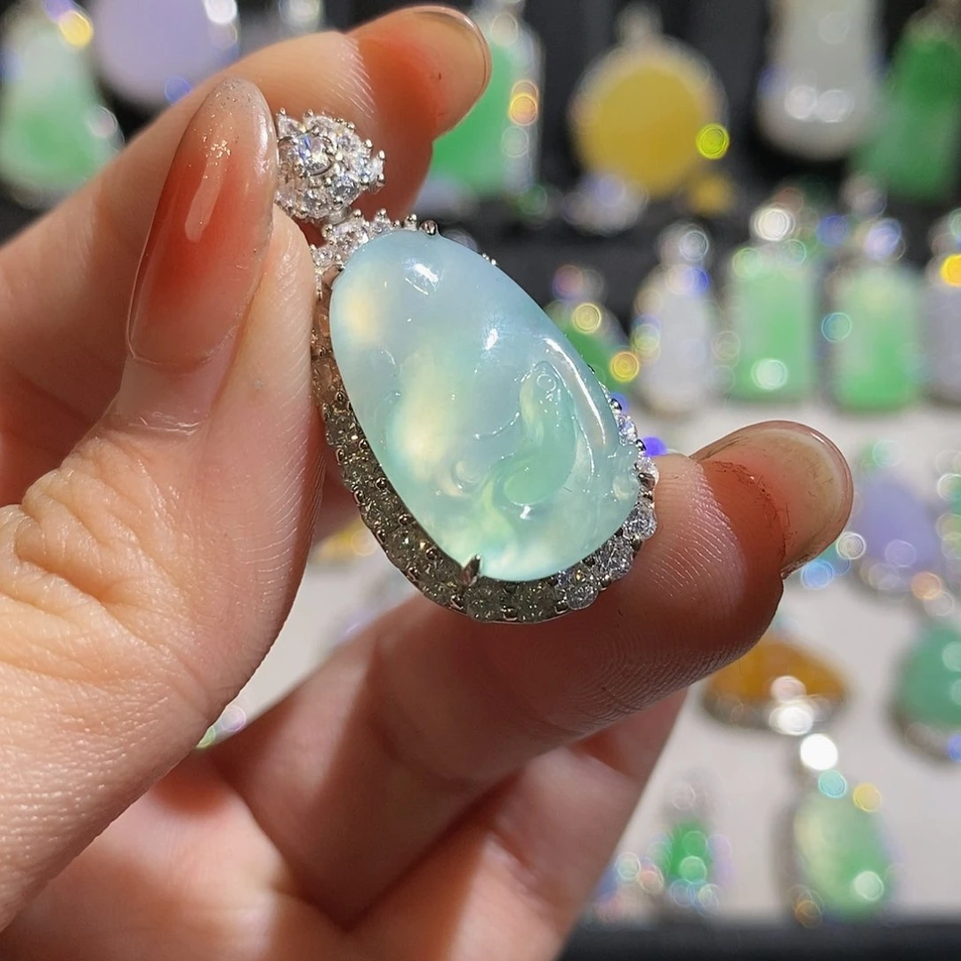 翡翠颈饰银S925镶嵌吉*流天然翡翠