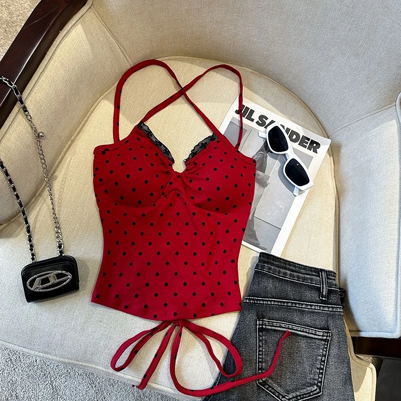 法式波点吊带小背心女夏季外穿带胸垫甜辣妹性感绑带露背短款美背
