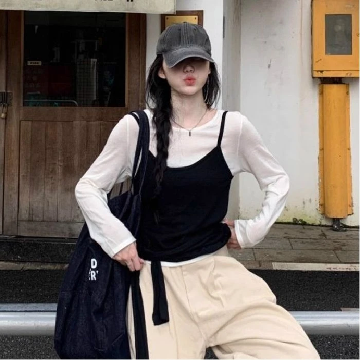玖玖【人棉两件套】内搭打底衫女秋季新款气质修身显瘦长袖t恤上