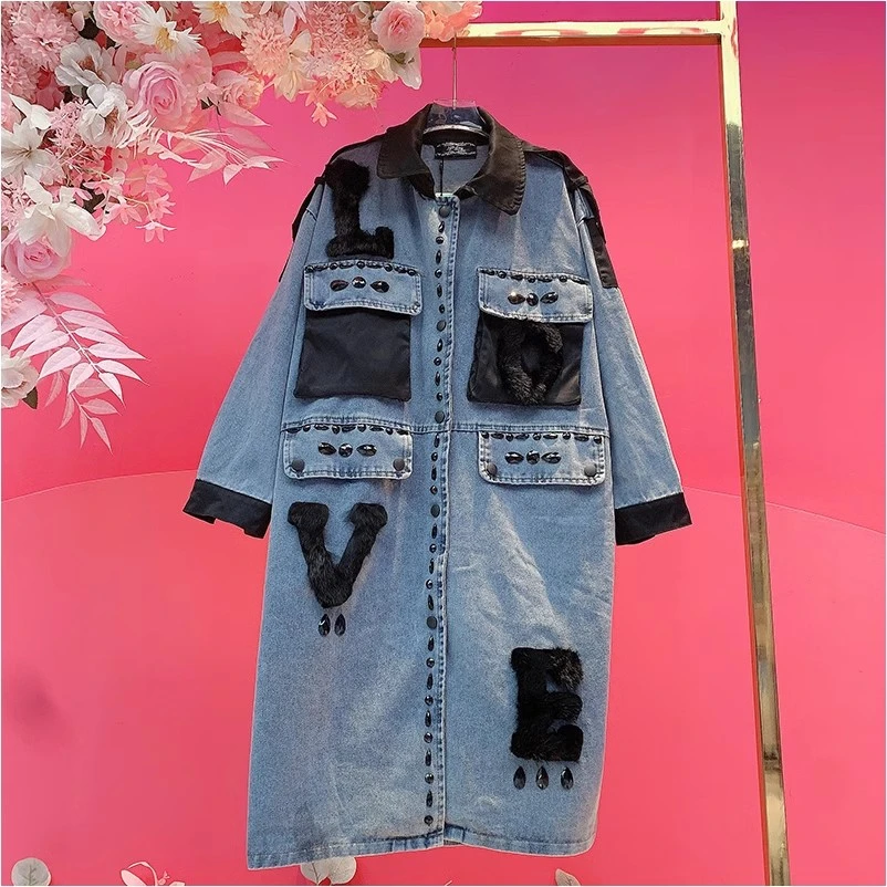 HH6525欧美设计师2024冬季新款重工钉钻字母拼接潮酷牛仔外套