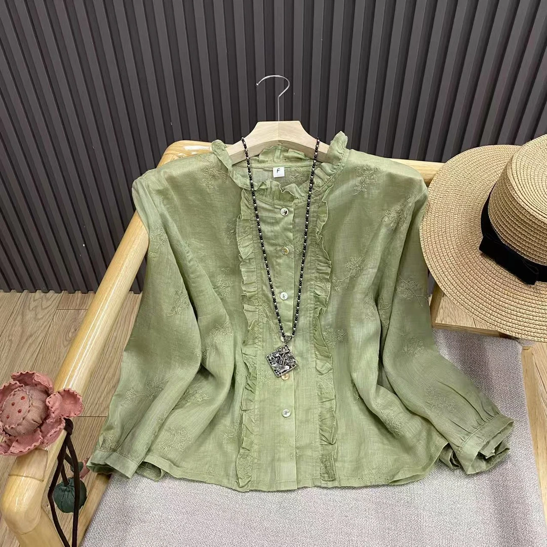 法式木耳边暗纹刺绣苎麻开衫气质宽松百搭长袖衬衫女C82029